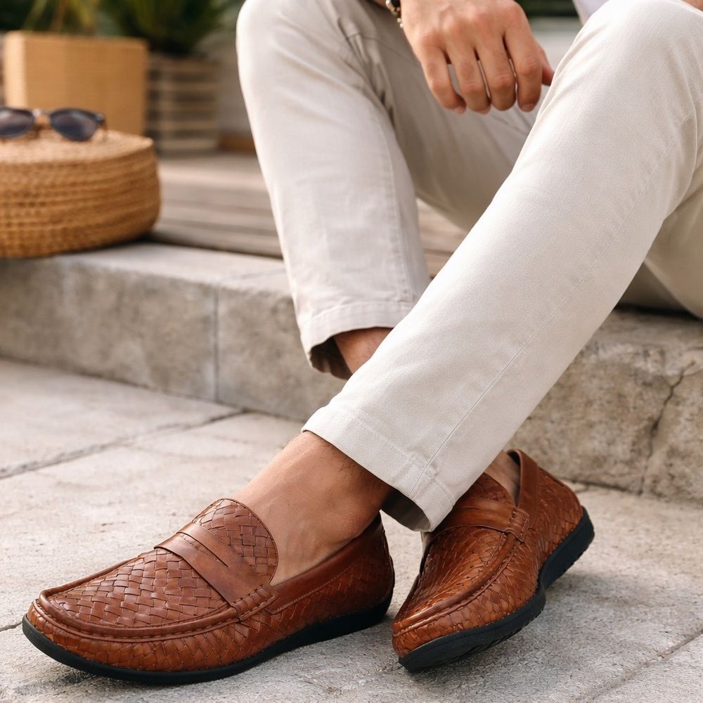 Flag Ltd Woven Leather Loafers Brown 9M Slip On Casual Comfort